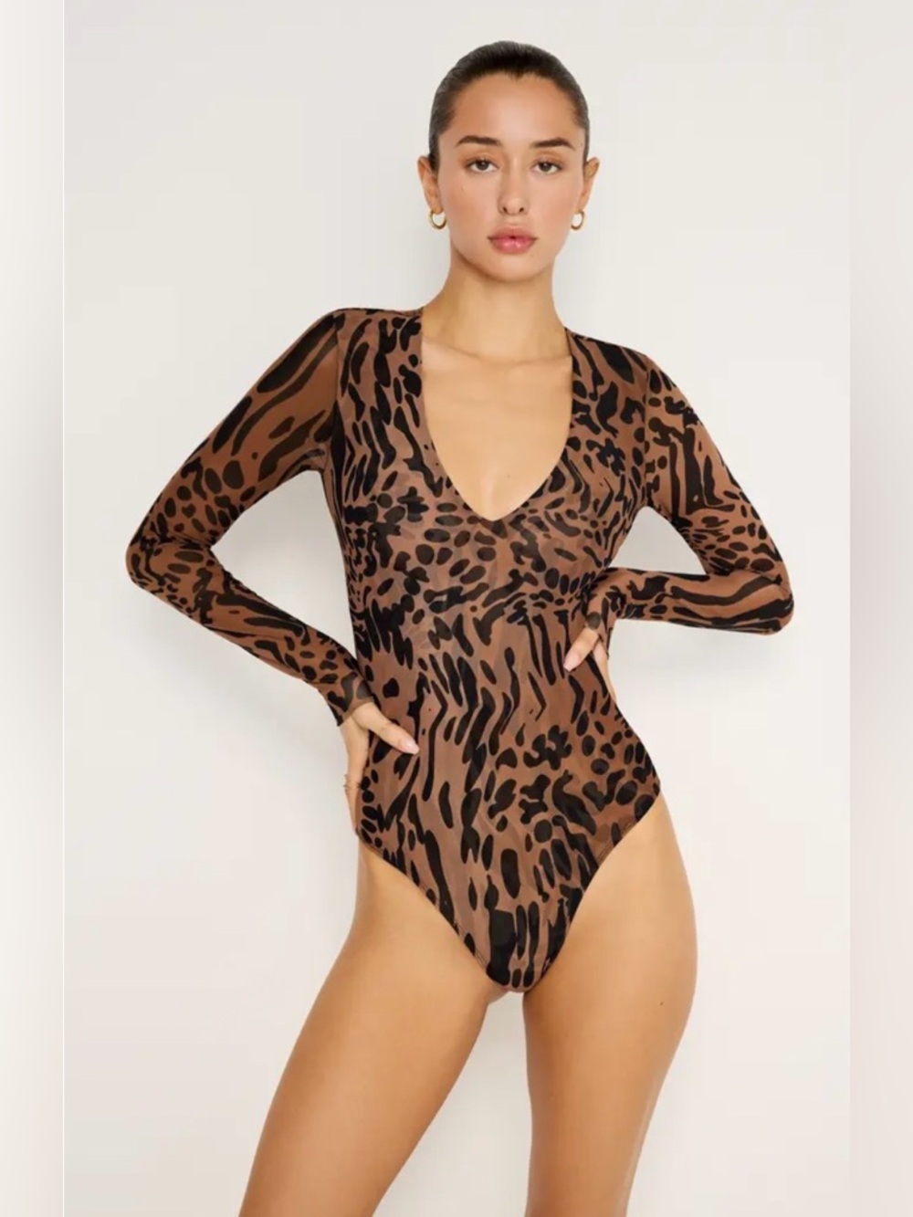 Good American Leopard Mesh Double Layered V Neck Long Sleeve Bodysuit Size Small